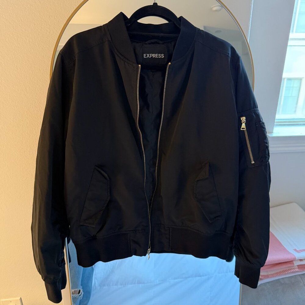 Express Navy Blue Bomber Jacket with Gold Hardware